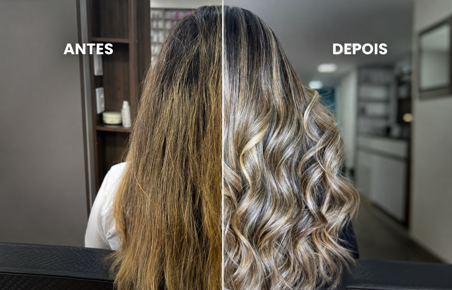 Antes e Depois — transformação com Mega Hair Espaço Torres